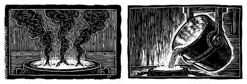 Industrial foundry process pouring molten metal in dramatic woodcut style