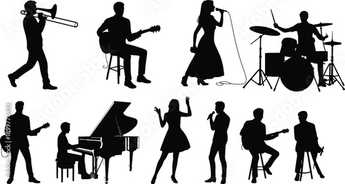 Musician silhouettes playing instruments singing, diverse band ensemble, trombone electric acoustic guitar piano drums, live performance concert, artistic black vector illustration