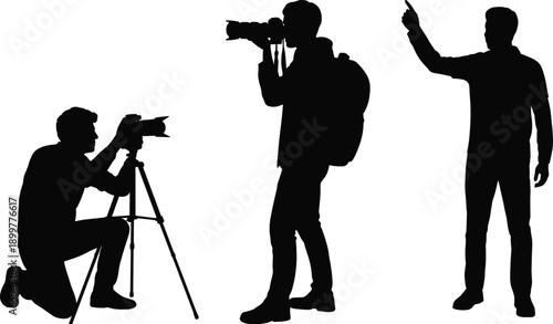 Photographer silhouette illustration collection, tripod camera operator, traveler street photography, pointing gesture interaction, black vector artwork, creative human activity design