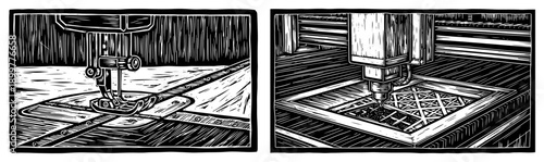 Industrial manufacturing process featuring sewing machine and CNC milling in woodcut style