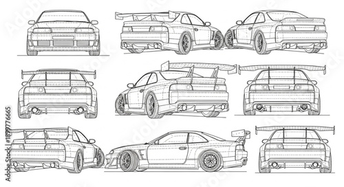 Car Blueprint Design Collection Multiple Views.