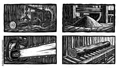 Set of four forestry and timber industry scenes in vintage woodcut engraving style