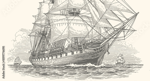 Historical engraving of a majestic tall ship sailing on open ocean waves, a vintage naval vessel on a rough sea