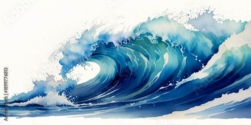Artistic Blue Sea and Ocean Wave Composition with Watercolor Stains, Horizontal Paint Lines, Splash Effects, and Abstract Marine Inspired Design