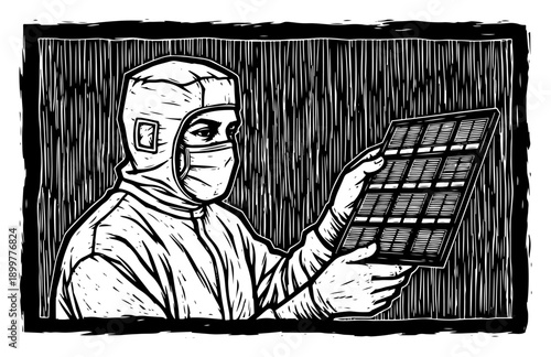 Scientist in protective suit holding solar panel in woodcut style