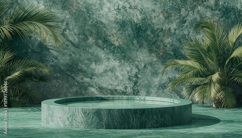 Circular Pool With Green Marble Design Surrounded by Palm Trees in a Bright S...