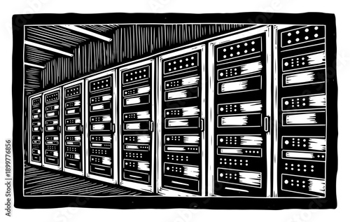 Row of computer server racks in data center drawn in linocut style