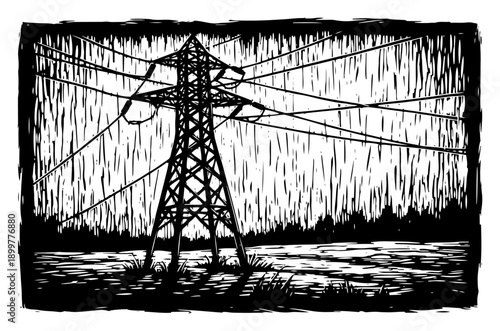 High voltage electric power transmission tower in linocut style
