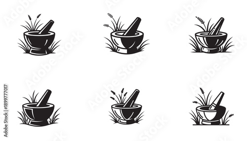 Mortar and Pestle with Grass Icon, Herbal Medicine, Natural Remedies, Apothecary, Organic, Black and White Silhouette