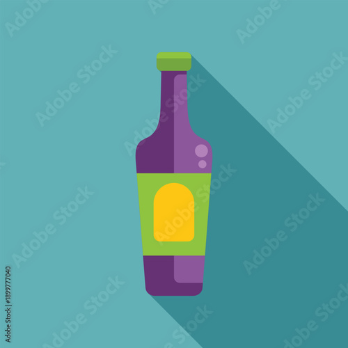 Purple glass bottle with green and yellow label casting a long shadow on a turquoise background