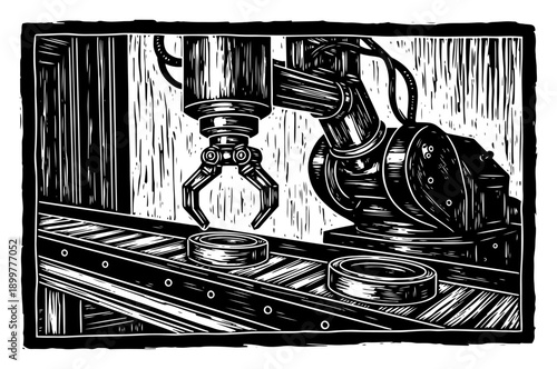 Industrial robotic arm manipulator on a conveyor belt in stylized woodcut engraving style