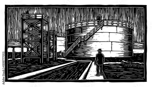 Industrial oil refinery facility with storage tanks and worker in dramatic linocut style