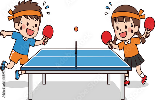 Cartoon kids playing table tennis indoors, energetic ping pong match, fun sports activity, colorful illustration for children’s game concept