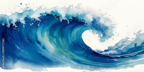 Bright and Vibrant Blue Ocean Crashing Wave Painting with Splashing Sea Foam Abstract watercolor paint background by gradient deep blue color with liquid fluid grunge texture for background, banner