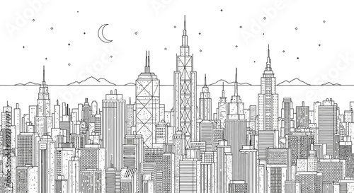 Minimalist line art cityscape illustration with tall skyscrapers, geometric buildings, and a dynamic urban skyline under a starry night sky with crescent moon.