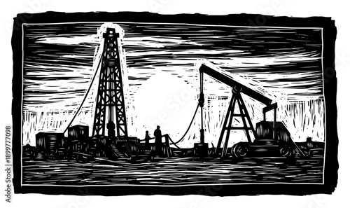 Oil field landscape with drilling rig and pumpjack at sunset in vintage linocut style