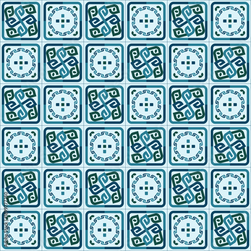Seamless Blue Green Geometric Tile Pattern with Ornamental Circular Motifs, Modern Ethnic Fusion Design for Wallpapers, Textiles, Home Decor, Packaging, and Digital Backgrounds