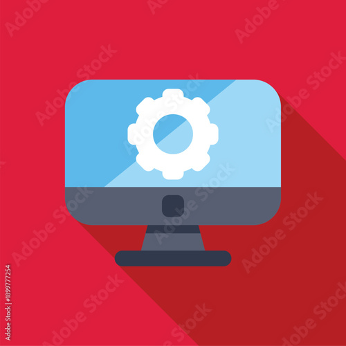 Desktop computer displaying settings or update installation process, symbolized by gear icon on screen, against red backdrop