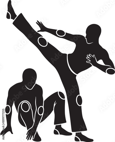 silhouette of two people practicing martial arts movements