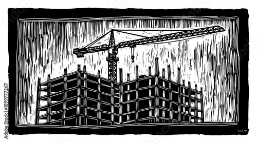 Large industrial building under construction with tower crane in vintage woodcut ink style