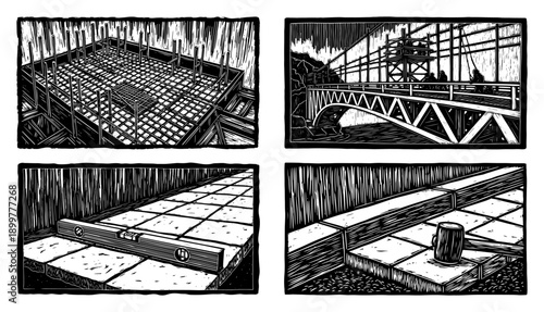 Set of construction and civil engineering scenes with tools in vintage woodcut ink style