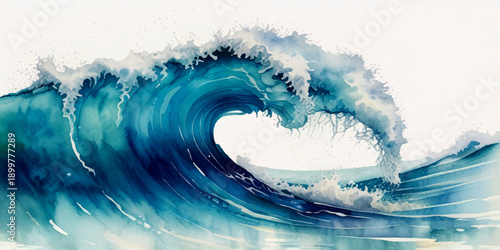 Abstract Blue Ocean Wave Art Featuring Fluid Marble Patterns, Watercolor and Digital Techniques, Heart Shaped Wave Form, and Vibrant Coastal Energy