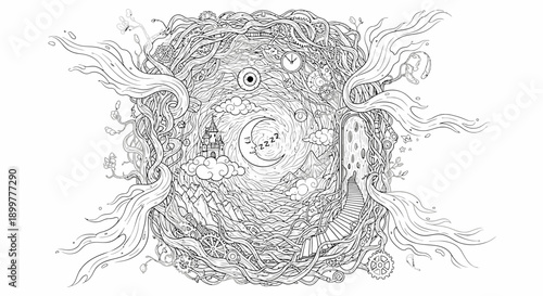 Detailed hand-drawn surreal fantasy illustration with interconnected organic roots, branches, mountains, crescent moon, and mystical eye