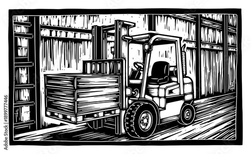 Woodcut style illustration of a heavy industrial forklift lifting a pallet in a warehouse