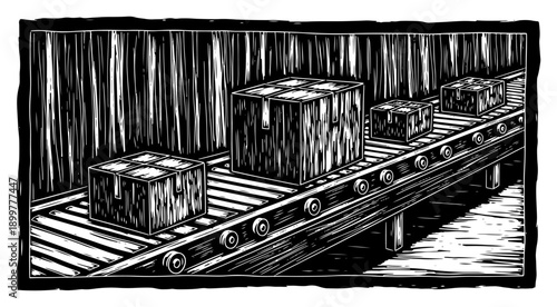 Engraved linocut style illustration of cardboard boxes moving on a roller conveyor belt in an industrial warehouse