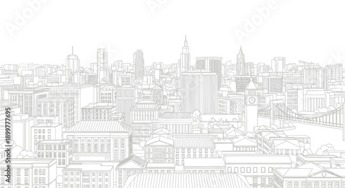Minimalist grayscale line art illustration of a modern city skyline panorama with urban architecture and skyscrapers on a white background