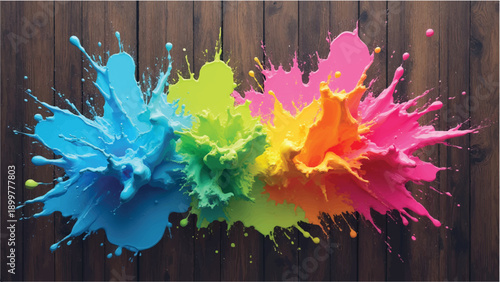Paint splash on wooden background. Paint splatter on wooden board. Abstract colorful splash illustration. 