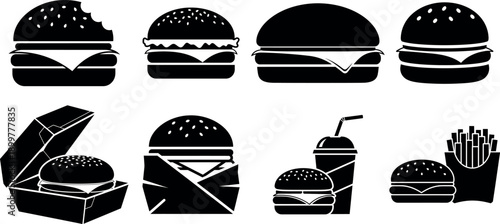 Fast food burger icons set with fries, drink, and takeout packaging