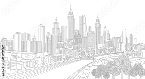 Detailed line art drawing of a modern metropolitan city skyline with skyscrapers, urban infrastructure, and green spaces