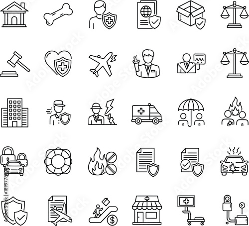 Set of insurance and protection line icons including health, car, home, law and travel symbols, vector illustration isolated.