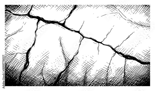 Vintage cross hatched engraving of deep cracks on a weathered stone wall surface