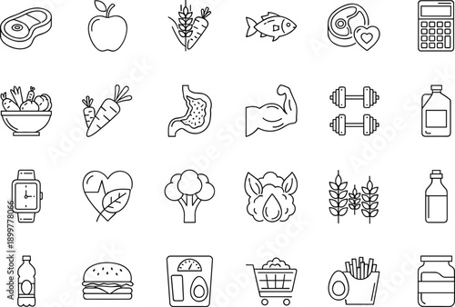 Set of healthy lifestyle and nutrition line icons including diet food, fitness tools and weight scale, vector illustration.