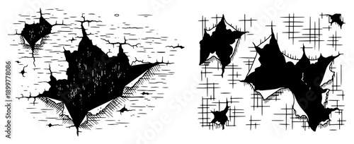 Hand drawn ink illustration of ripped holes and torn paper effects with crosshatch grid