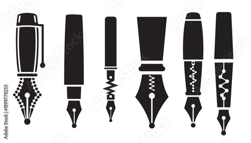 Collection of Fountain Pen Nib Icons, Writing Instruments, Calligraphy Pens, Vintage Style, Black and White Silhouettes