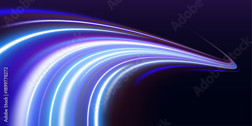 Flowing light ribbons shimmer with neon glow. Smooth curves create a sense of speed. Vector illustration for modern digital backgrounds.