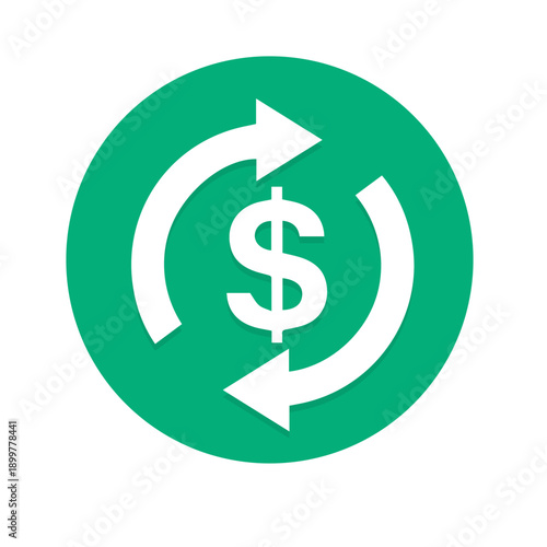 Green Circle Icon with Dollar Sign and Rotating Arrows, Currency Exchange, Money Transfer, Financial Transaction