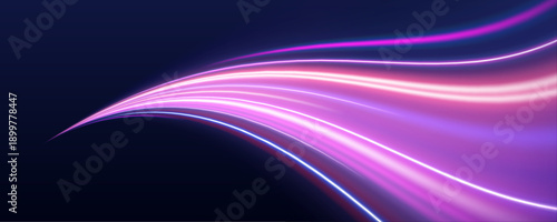 Colorful light streaks twist into abstract spiral shapes. Neon effects enhance the sense of speed. Vector background for sci-fi and tech visuals.