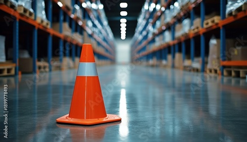 A reflective warehouse floor with an orange traffic cone in the foreground, surrounded by shelves stocked with boxes, illuminated by overhead lights.