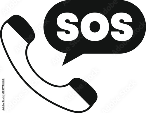 Telephone handset and speech bubble with sos message representing emergency call hotline