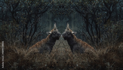 Two Deer Standing in a Forest With Tall Trees and Brown Grass During the Late...