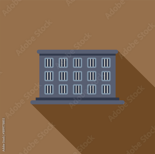 Prison building icon featuring barred windows and long shadow on a brown background