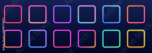 Neon square frames float softly on a dark surface, blending purple and cyan light. Perfect for futuristic designs, posters, and UI overlays. 