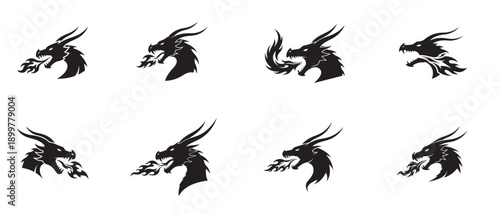 Collection of Dragon Head Silhouettes with Fire Breath, Mythical Creature, Fantasy Art, Fierce Expression