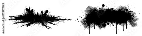 Set of decorative black ink splatters and dripping paint stains with cross hatched textures