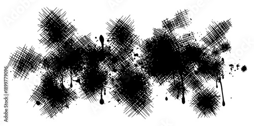 Large abstract ink splatter composition with heavy cross hatching and dripping paint effects