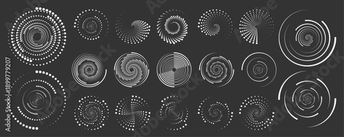 Set of gradient dotted circles with dynamic rotation. Vector spirals for modern design overlays. Perfect for UI animations.
